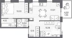 2-к квартира, вторичка, 54м2, 4/7 этаж
