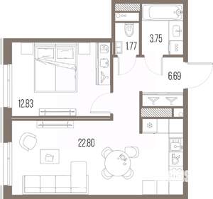 1-к квартира, строящийся дом, 48м2, 7/10 этаж
