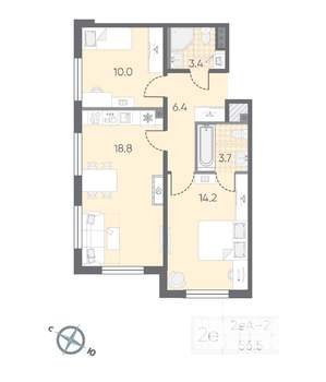 2-к квартира, вторичка, 57м2, 4/4 этаж