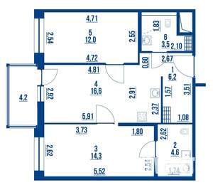 2-к квартира, вторичка, 58м2, 8/14 этаж