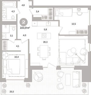 2-к квартира, вторичка, 104м2, 2/16 этаж