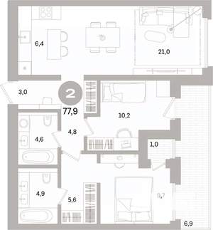 2-к квартира, вторичка, 78м2, 3/16 этаж