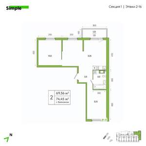 2-к квартира, вторичка, 73м2, 5/26 этаж