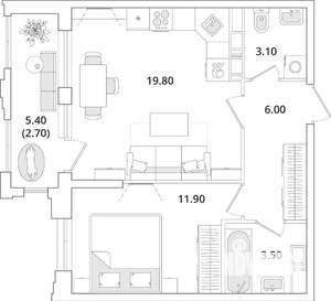 1-к квартира, строящийся дом, 47м2, 11/13 этаж