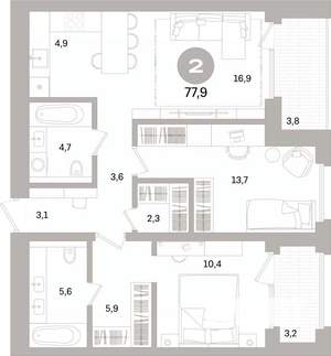 2-к квартира, вторичка, 78м2, 13/16 этаж