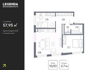 2-к квартира, строящийся дом, 58м2, 10/10 этаж