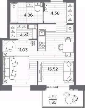 1-к квартира, вторичка, 40м2, 2/7 этаж