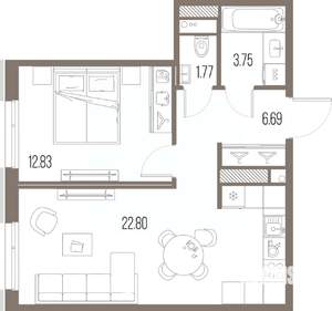 1-к квартира, строящийся дом, 48м2, 9/10 этаж