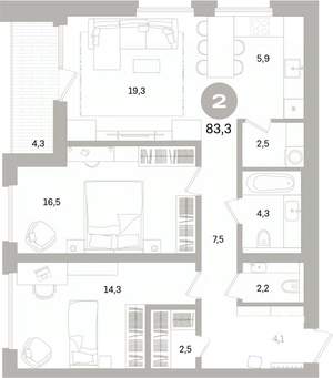 2-к квартира, вторичка, 83м2, 9/16 этаж