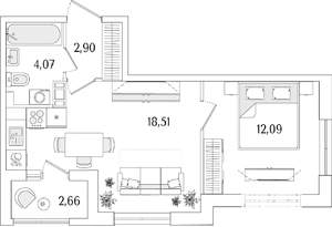 1-к квартира, строящийся дом, 39м2, 7/13 этаж
