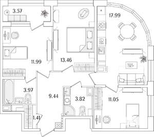 3-к квартира, строящийся дом, 75м2, 12/15 этаж