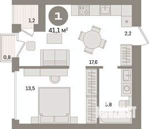 1-к квартира, вторичка, 41м2, 5/16 этаж