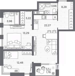 2-к квартира, вторичка, 69м2, 23/25 этаж