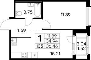 1-к квартира, вторичка, 36м2, 14/15 этаж