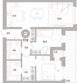 2-к квартира, вторичка, 78м2, 3/16 этаж