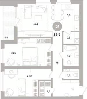 2-к квартира, вторичка, 84м2, 3/16 этаж