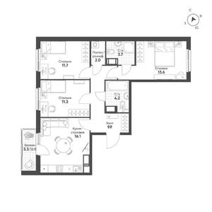 3-к квартира, строящийся дом, 74м2, 5/12 этаж