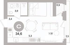 Студия квартира, вторичка, 35м2, 2/7 этаж