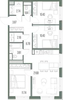 3-к квартира, строящийся дом, 75м2, 3/10 этаж
