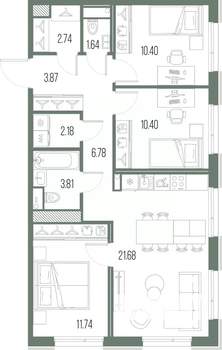 3-к квартира, строящийся дом, 75м2, 6/10 этаж