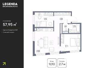 2-к квартира, строящийся дом, 58м2, 9/10 этаж