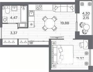 1-к квартира, вторичка, 42м2, 23/25 этаж