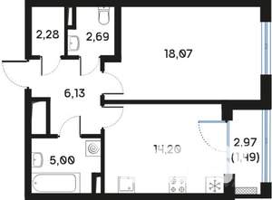 1-к квартира, вторичка, 50м2, 3/9 этаж