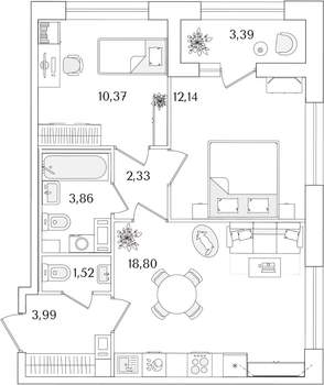 2-к квартира, строящийся дом, 55м2, 9/15 этаж