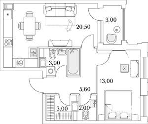 1-к квартира, вторичка, 49м2, 4/13 этаж