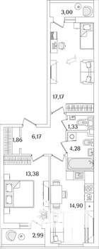 2-к квартира, строящийся дом, 62м2, 7/17 этаж