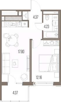 1-к квартира, строящийся дом, 39м2, 9/10 этаж