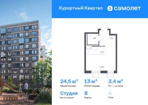 Студия квартира, вторичка, 25м2, 4/7 этаж