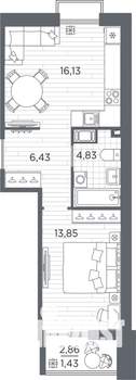 1-к квартира, вторичка, 43м2, 4/13 этаж