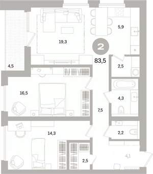 2-к квартира, вторичка, 84м2, 10/16 этаж