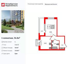 1-к квартира, вторичка, 37м2, 2/12 этаж