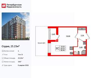 Студия квартира, вторичка, 25м2, 3/11 этаж