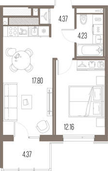 1-к квартира, строящийся дом, 39м2, 3/10 этаж