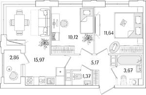 2-к квартира, строящийся дом, 49м2, 5/13 этаж
