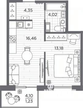 1-к квартира, вторичка, 39м2, 2/7 этаж