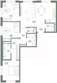 3-к квартира, строящийся дом, 91м2, 6/10 этаж