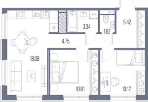 2-к квартира, строящийся дом, 54м2, 8/10 этаж