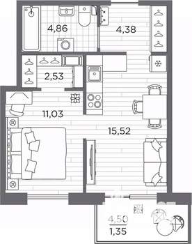 1-к квартира, вторичка, 40м2, 5/7 этаж