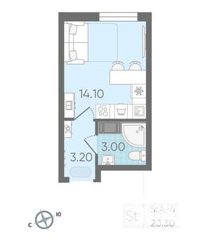 Студия квартира, вторичка, 20м2, 24/25 этаж