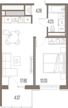 1-к квартира, строящийся дом, 38м2, 7/10 этаж