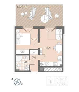 1-к квартира, вторичка, 40м2, 1/4 этаж