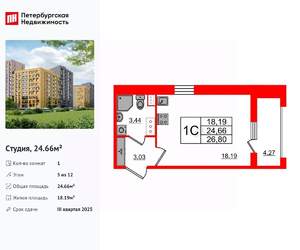 Студия квартира, вторичка, 25м2, 5/12 этаж