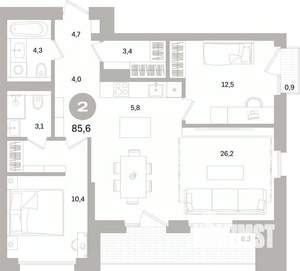 2-к квартира, вторичка, 86м2, 7/15 этаж