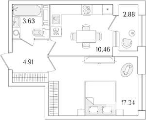 1-к квартира, строящийся дом, 38м2, 2/15 этаж