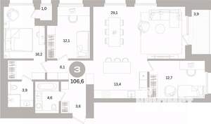 3-к квартира, вторичка, 107м2, 7/16 этаж