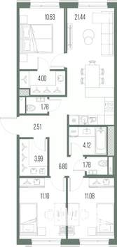 3-к квартира, строящийся дом, 79м2, 3/10 этаж